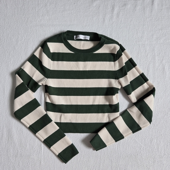 Zara Tops - Zara Green and Cream Striped Long Sleeve Top